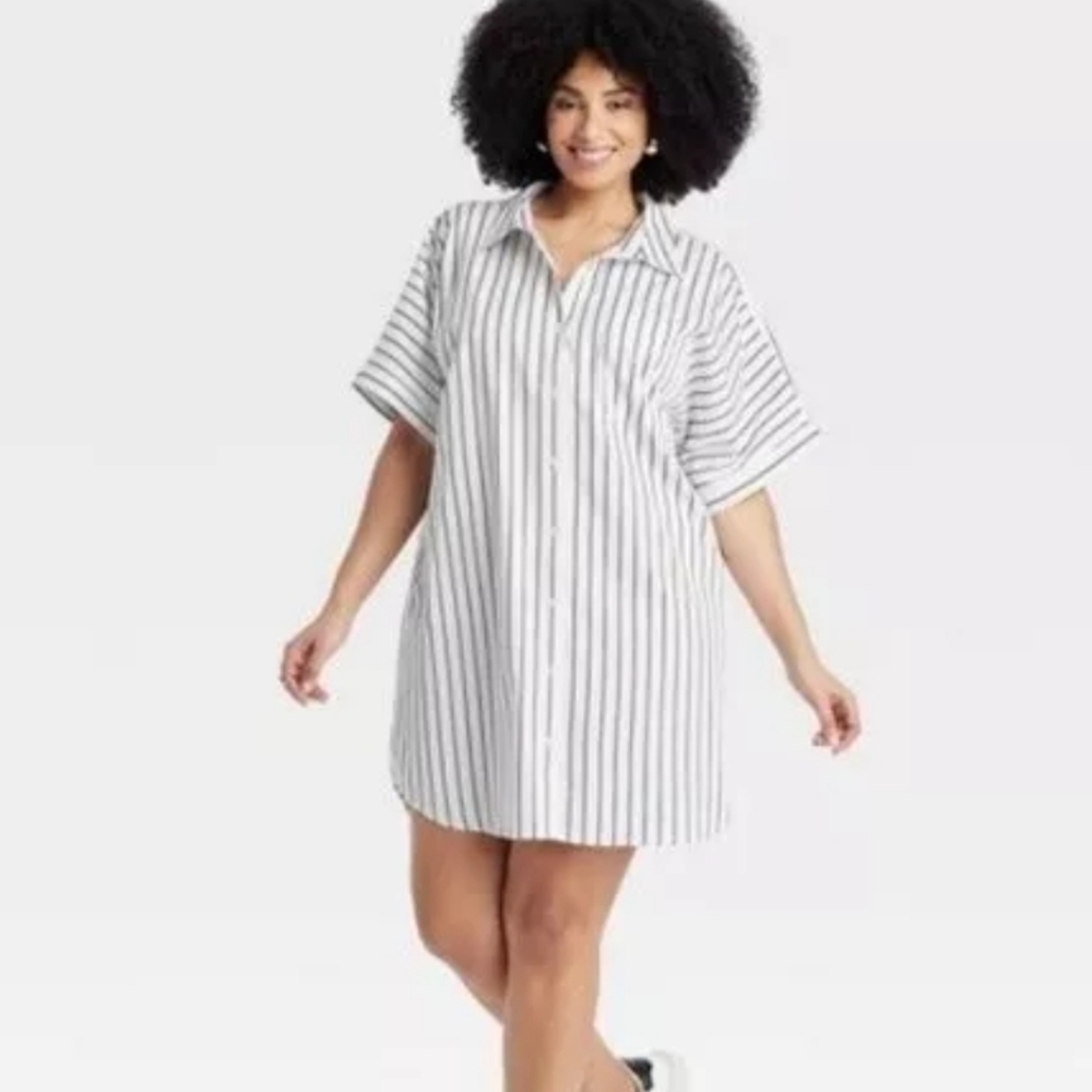 Women's Button Down Frone Short Sleeve Collared Dress A New Day XS White Stripe
